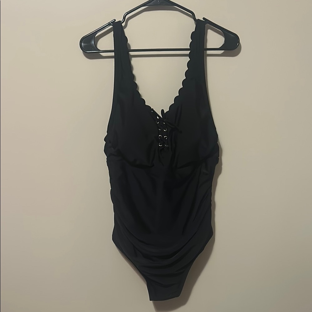 Kona Sol Black Scalloped One-Piece Swimsuit